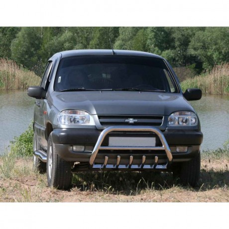 Кенгурин с дополнительной защитой двигателя «Низкий» (d63.5) B@3 2123 "Chevrolet Niv@", нержавеющая сталь купить недорого с доставкой в Красногорск